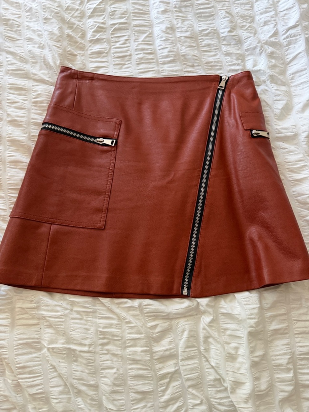 Zip-Front Faux Leather Mini Skirt in Rust